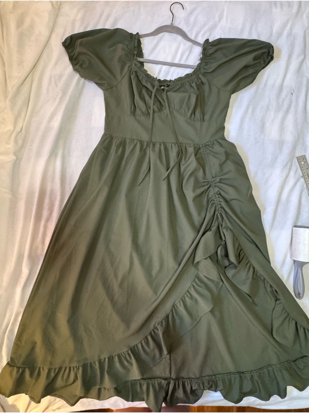 Living Dead Souls L Olive Green Goth Puff Sleeve Ruched Dress